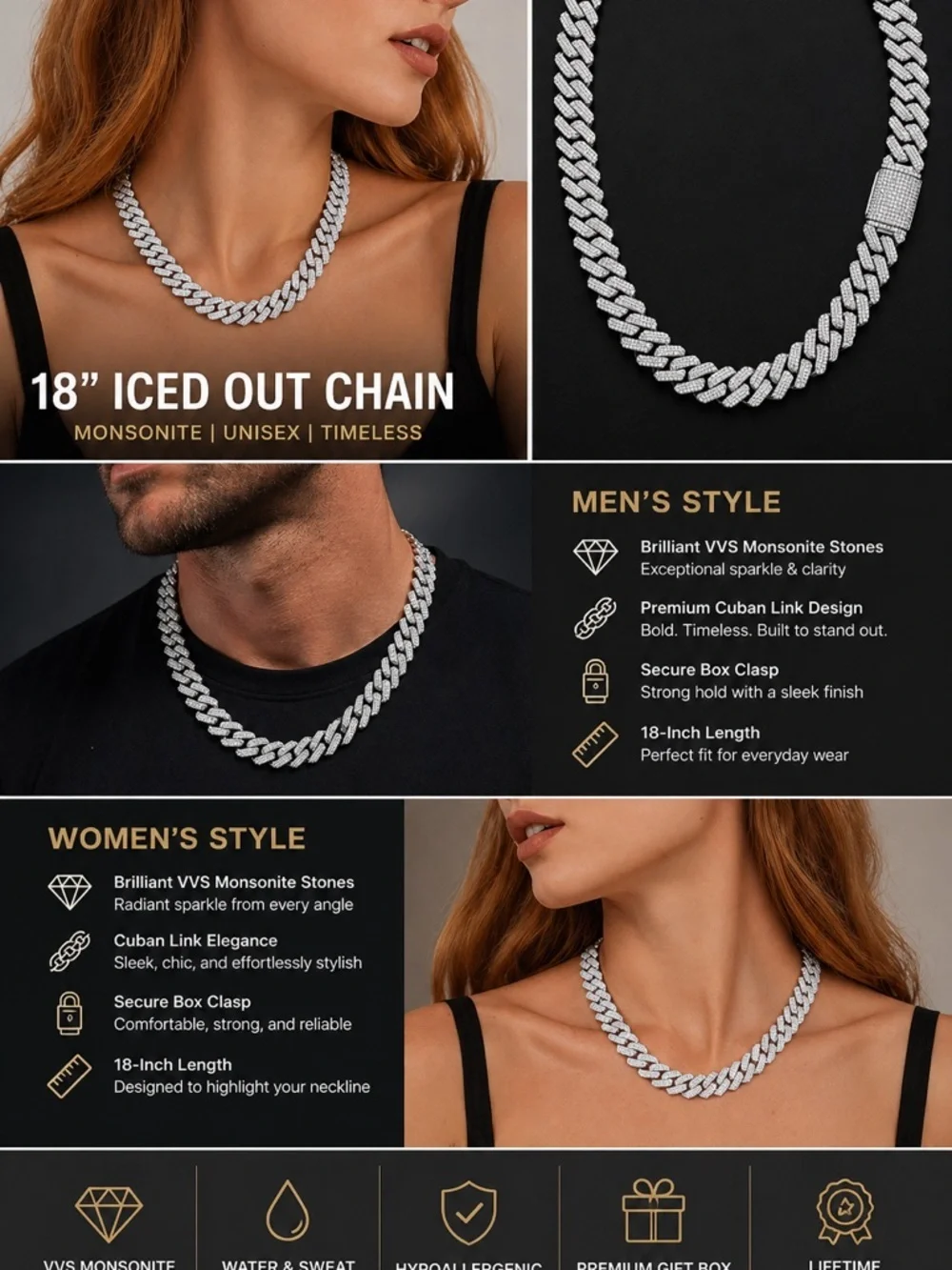 Unisex Silver Pavé Cuban Link Necklace - Men’s Statement Chain